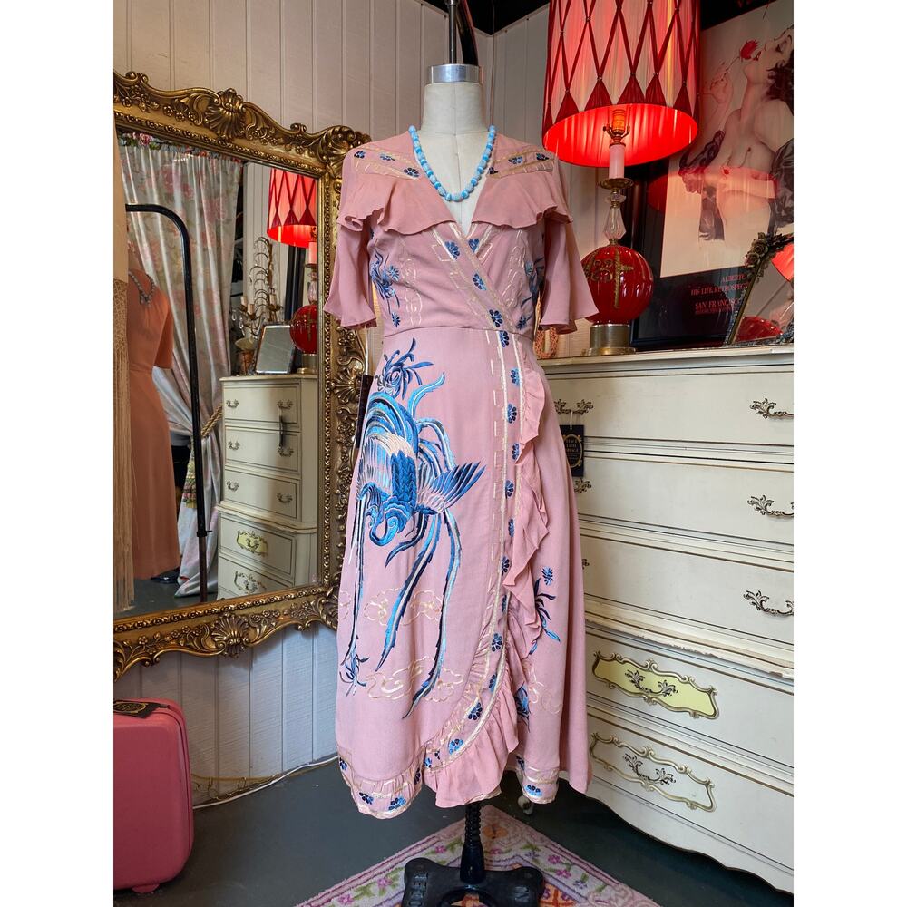 Blush crepe embroidered dress flutter sleeves wrap style ruffled asian crane sm